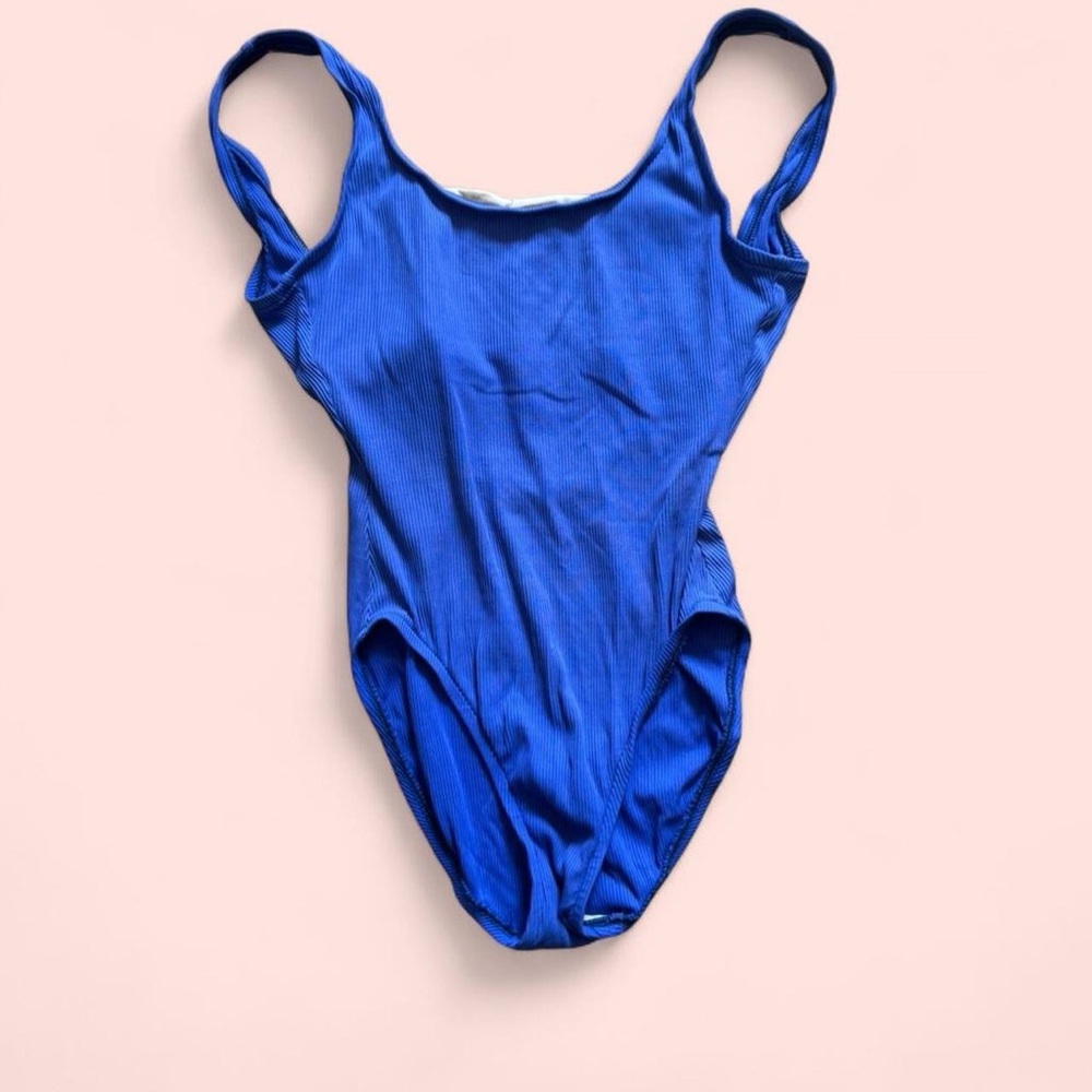 Vintage 1990’s 90’s Cobalt Blue Periwinkle one piece ribbed stretchy swimsuit